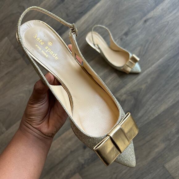 Kate Spade Golden Glitter Bow Pointed Toe Slingback Kitten Heels Size 7 - Picture 1 of 9